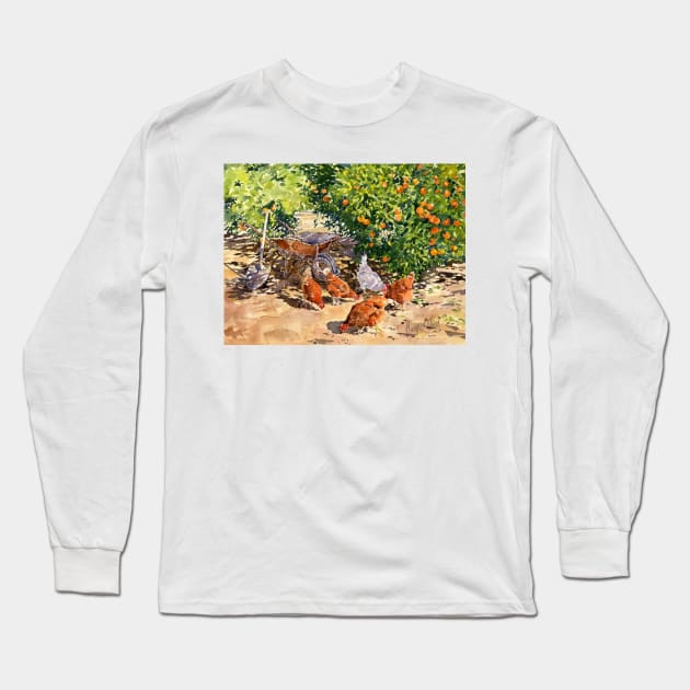 Hens In My orange Grove Long Sleeve T-Shirt by margaretmerry